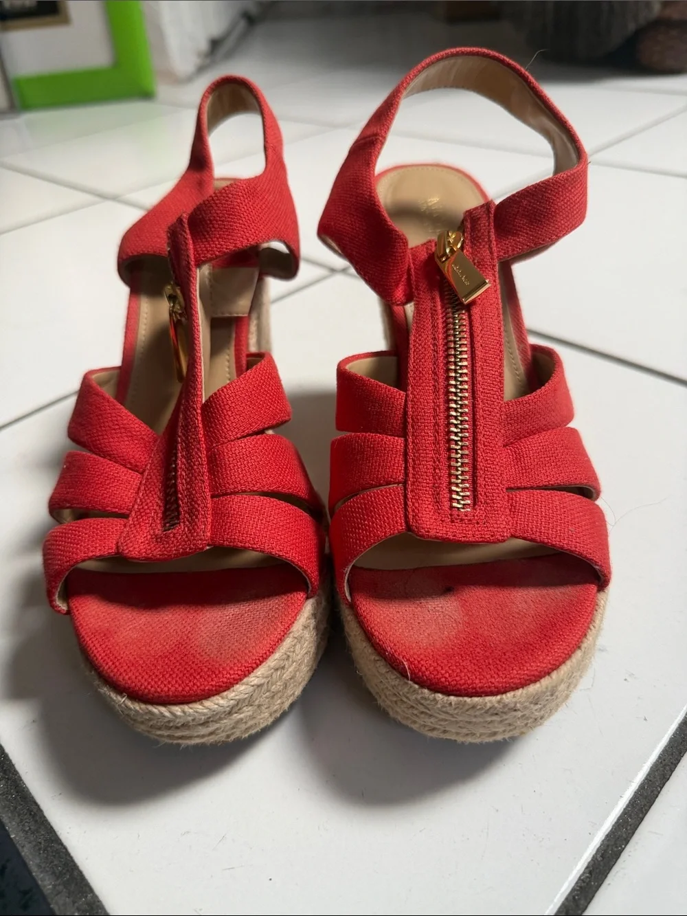 MICHAEL Michael Kors Red Canvas Wedge Sandals with Front Zipper